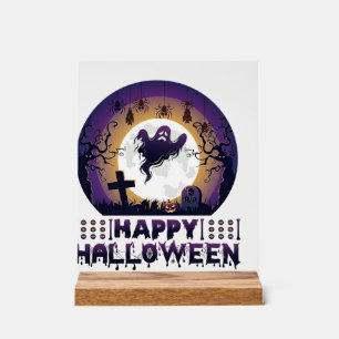 Panneau En Acrylique Joyeux Halloween Chauves-souris fantômes araignées