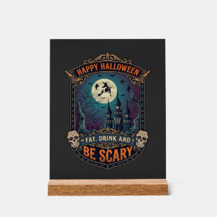 Panneau En Acrylique Joyeux Halloween Sorcière Château Crânes Gras Boir