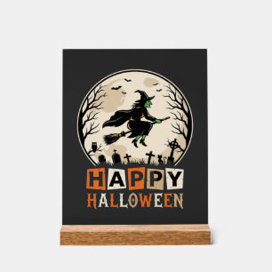 Panneau En Acrylique Joyeux Halloween Sorcière Lune Cimetière Conceptio