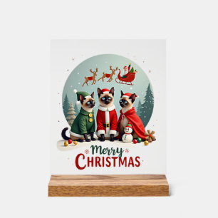 Panneau En Acrylique Joyeux Noël Trois Santa Elf Renne Chats Siamois C