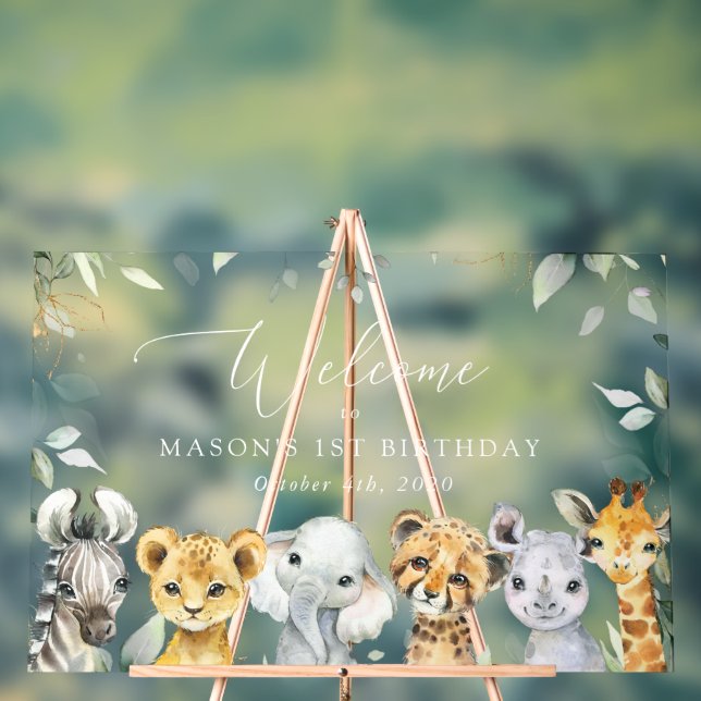 Panneau En Acrylique Jungle Animals, Safari, First Birthday Welcome (Neutre)