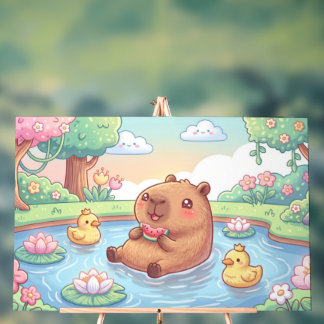 Panneau En Acrylique Kawaii capy in a pond