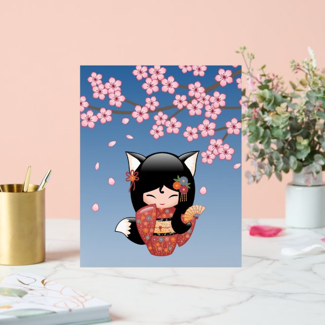 Panneau En Acrylique Kitsune Kokeshi Doll Black Fox Geisha Girl Blue (Mariage)