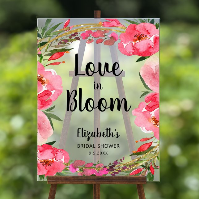 Panneau En Acrylique L'amour en fleurs rose Fête des mariées (Love in Bloom pink floral border bridal shower acrylic s
sign)
