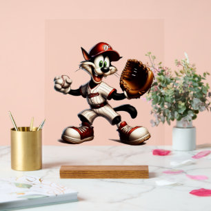 Panneau En Acrylique Lanceur de baseball Goofy Cat se prépare
