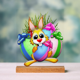 Panneau En Acrylique Lapin drôle mordant un œuf de Pâques