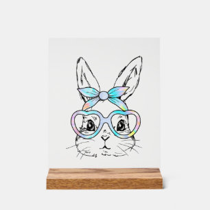 Panneau En Acrylique Lapin Mignon Visage Lunettes Tie Dye Fille Heureus