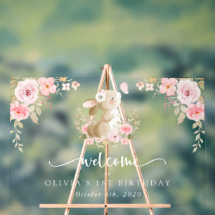 Panneau En Acrylique Lapin, Papillon, Fleurs, Bienvenue pour le premier