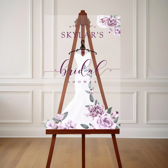 Panneau En Acrylique Lavender Florals Blanc Mariage robe Fête des marié (Lavender Florals White Wedding Dress Bridal Shower Acrylic Sign)