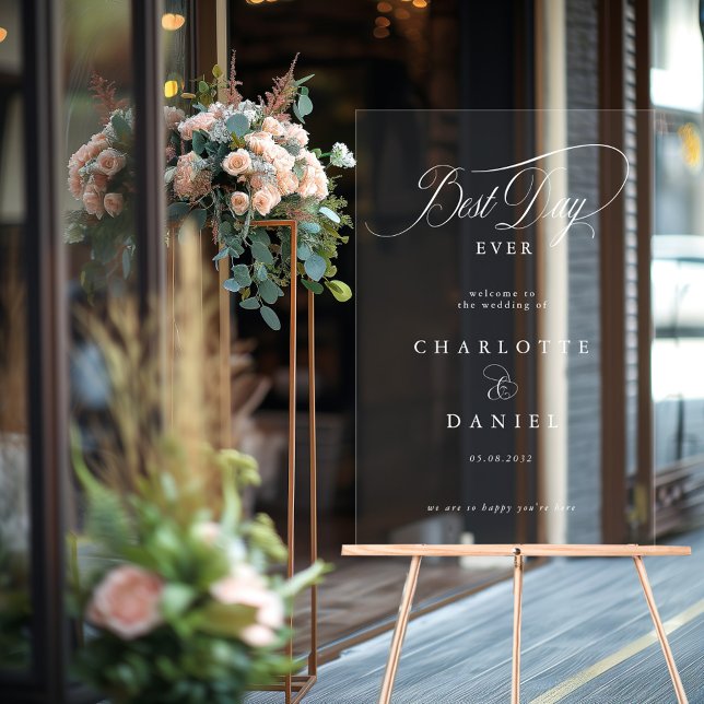 Panneau En Acrylique LE MEILLEUR JOUR JAMAIS ! Bannière élégante et Mar (BEST DAY EVER! Elegant, Wedding Banner Acrylic Sign with your name and date.)