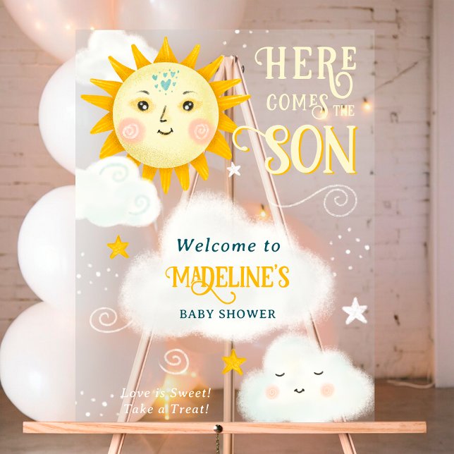 Panneau En Acrylique Le soleil lunaire rétro vient ici le baby shower f (Retro whimsical Sun here comes the son baby shower Acrylic Sign)