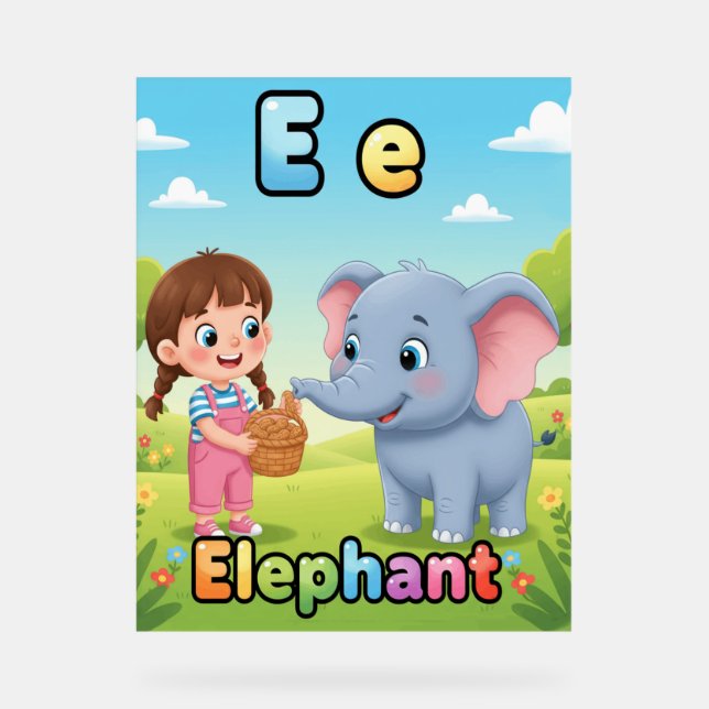 Panneau En Acrylique Letter E Alphabet Poster – E is for Elephant (Recto)