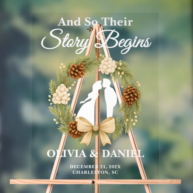 Panneau En Acrylique L'histoire commence Pine Greenery Wreath Mariage B (Neutre)