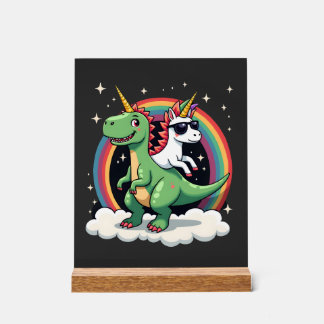 Panneau En Acrylique Licorne Arc-en-Ciel Chevauchant T rex - Garçons Fi