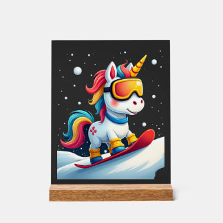 Panneau En Acrylique Licorne sur Snowboard - Ski drôle et sports d'hive