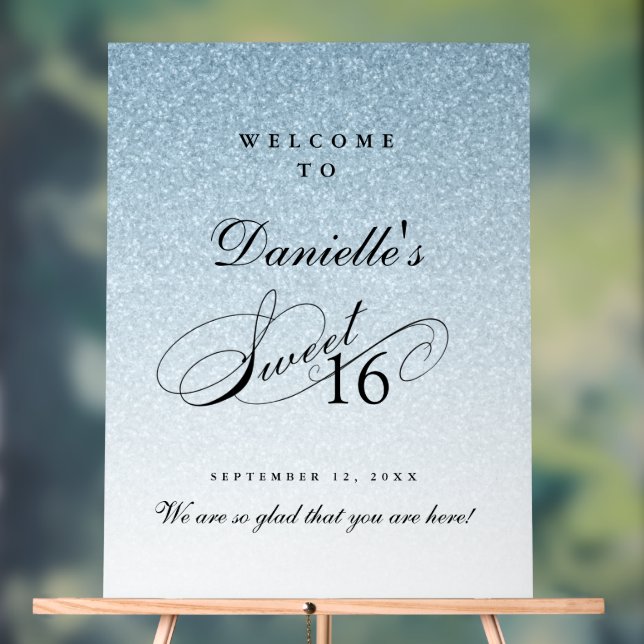 Panneau En Acrylique Light Blue Glitter Sweet 16 Personalized Welcome (Neutre)