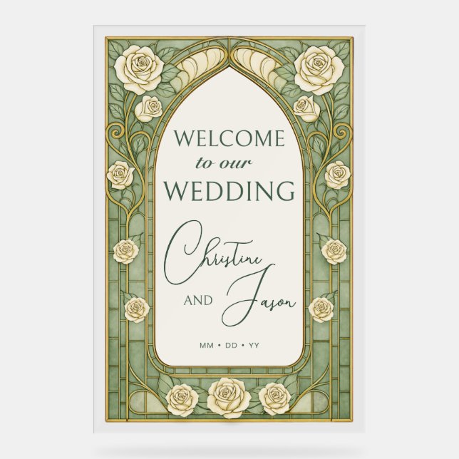 Panneau En Acrylique Light Sage Stained Glass Floral Wedding Welcome  (Recto)