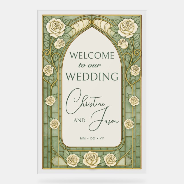 Panneau En Acrylique Light Sage Stained Glass Floral Wedding Welcome  (Recto)