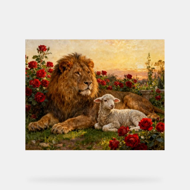 Panneau En Acrylique Lion & Agneau dans les Roses (Recto)
