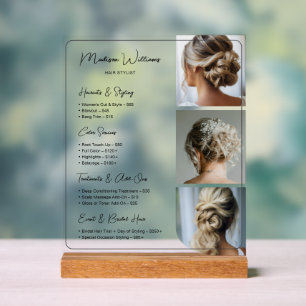 Panneau En Acrylique Liste de prix des services de coiffure de salon