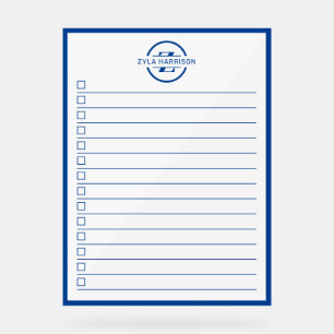 Panneau En Acrylique Liste de tâches à faire avec monogramme bleu moder