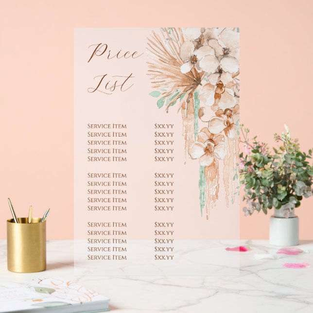 Panneau En Acrylique Liste des prix Boho Beige et Mint (Mariage)