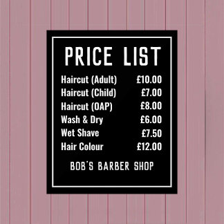 Panneau En Acrylique Liste des prix de la Boutique en coiffure