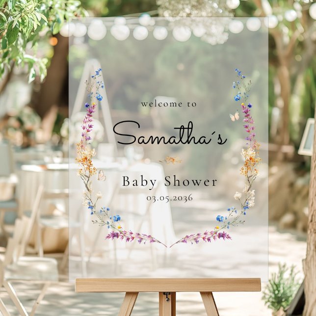 Panneau En Acrylique Little Wildflower Boho Dream - Baby Shower  (Little Wildflower Boho Dream - Baby Shower Custom Welcome Acrylic Sign with your Name & Date.)