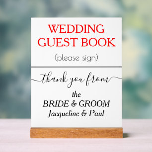 Panneau En Acrylique Livre d'or de mariage NOMS Blanc Rouge
