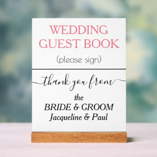 Panneau En Acrylique Livre d'or de mariage NOMS Rose blanche et rose