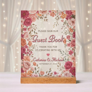 Panneau En Acrylique Livre d'or de mariage romantique rose et rouge de