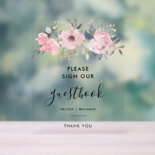 Panneau En Acrylique Livre d'or Floral Script rose Aquarelle Mariage