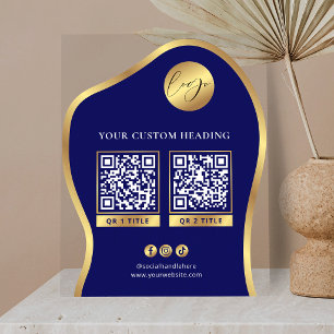 Panneau En Acrylique Logo Bleu & Or Entreprise 2 Codes QR Promotionnels
