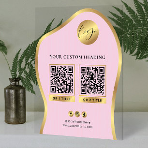 Panneau En Acrylique Logo Rose & Or Entreprise 2 Codes QR Promotionnels
