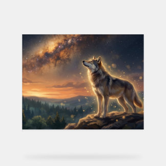 Panneau En Acrylique Loup solitaire sous le ciel étoilé de la Voie lact