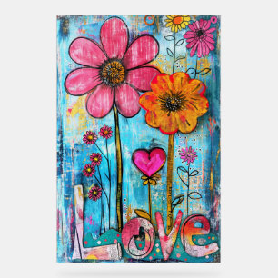 Panneau En Acrylique *~* LOVE Doodle – Art floral fantaisiste coloré