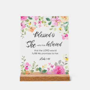 Panneau En Acrylique Luc 1:45 Béni est Elle, Écriture Féminine Floral