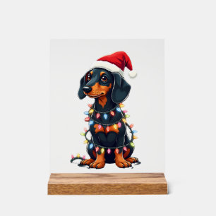 Panneau En Acrylique Lumières de Noël Teckel Chapeau de Père Noël Noël