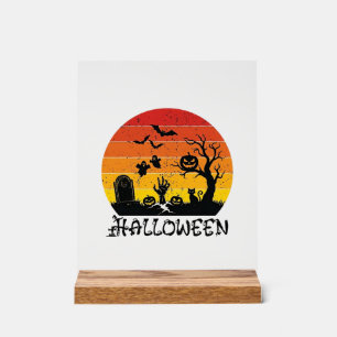 Panneau En Acrylique Main de zombie Halloween Pierre tombale Arbre Chat