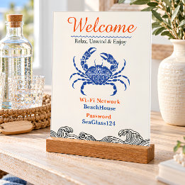 Panneau En Acrylique Maison de plage Blue Crab Wi-Fi Bienvenue