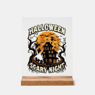 Panneau En Acrylique Maison Hantée Nuit Effrayante Halloween Pleine Lun