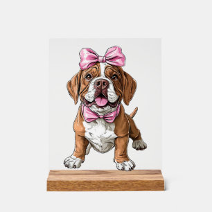 Panneau En Acrylique Maman Chien Mastiff à Ruban Coquette Fille Rose