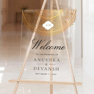 Panneau En Acrylique Mandala en Or Blanc Bienvenue Mariage Indien