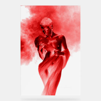 Panneau En Acrylique Mannequin posant avec un tissu rouge et de la fumé