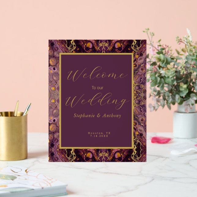 Panneau En Acrylique Marbre Violet Et Or De Prune  (Mariage)