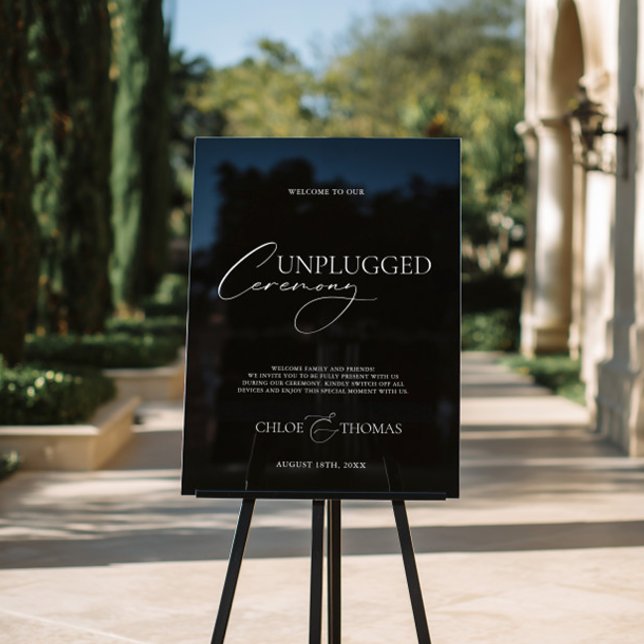 Panneau En Acrylique Mariage acrylique noir débranché (Black Acrylic Wedding Unplugged Ceremony Sign)