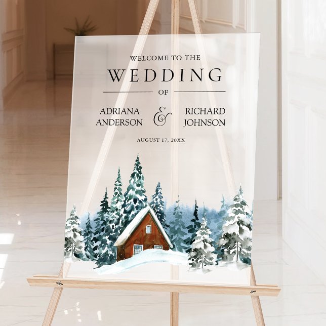 Panneau En Acrylique Mariage au chalet de forêt d'hiver Bienvenue (Créateur téléchargé)