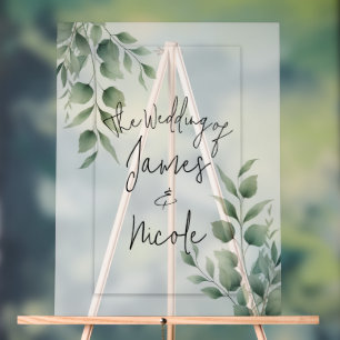Panneau En Acrylique Mariage Blanc Moderne avec Feuillage Minimal