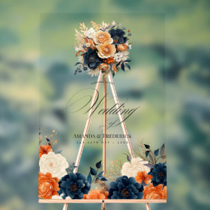 Panneau En Acrylique Mariage Bleu Nuit, Orange Brûlé et Champagne