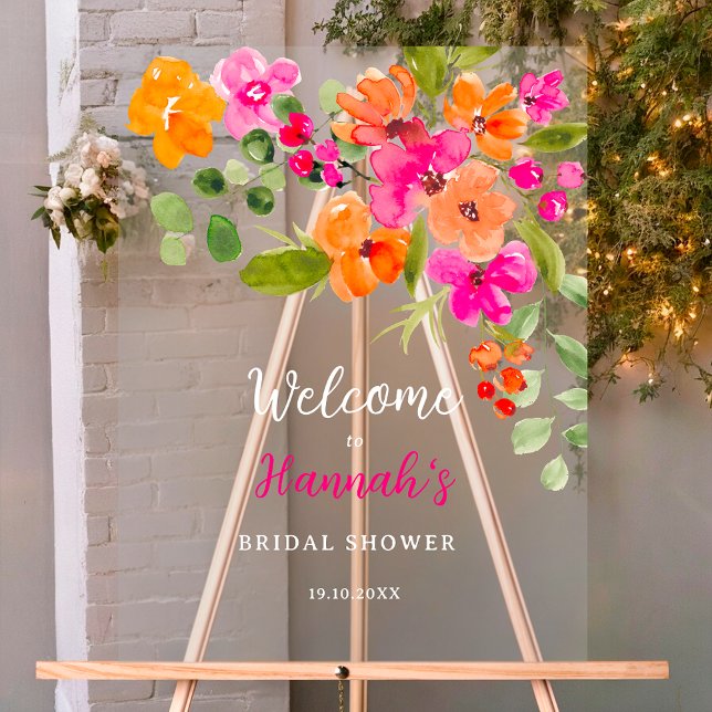 Panneau En Acrylique Mariage bohème automnal orange floral aquarelle bi (Boho fall orange floral watercolor bridal welcome acrylic sign)
